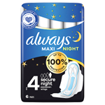 Always Maxi Secure Night Hygienické Vložky (Velikost 4) S Křidélky 6ks
