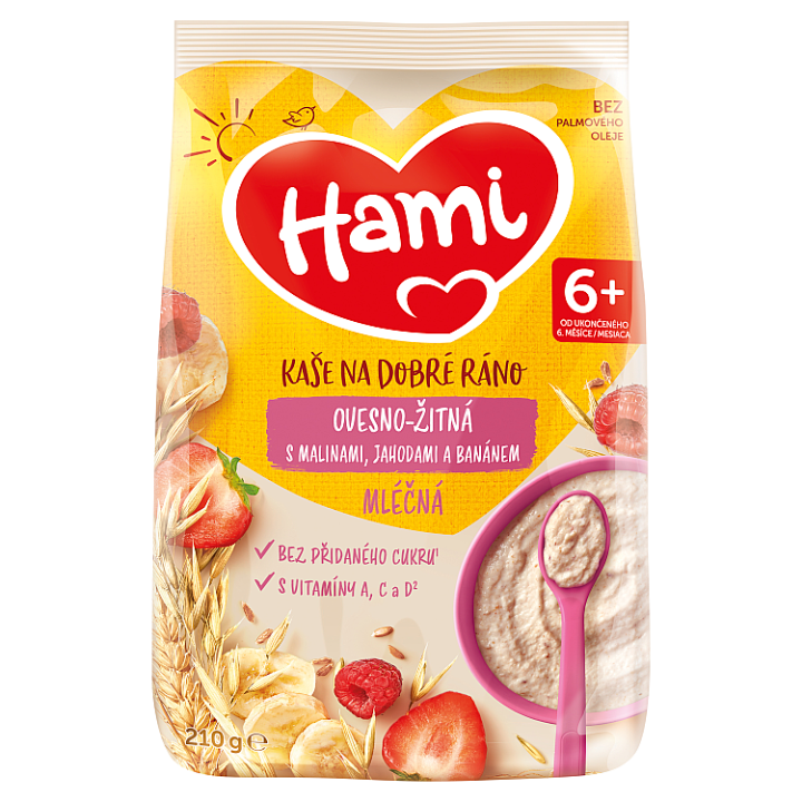 E-shop Hami mléčná kaše ovesno-žitná s banánem, jahodami a malinami 210g