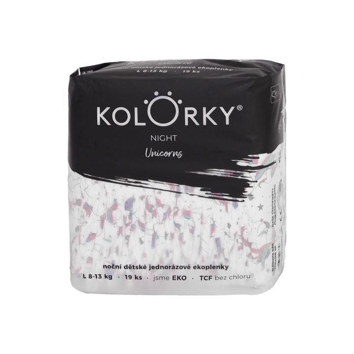 KOLORKY NIGHT noční jednorázové eko plenky jednorožci - L (8-13 kg), 19 ks