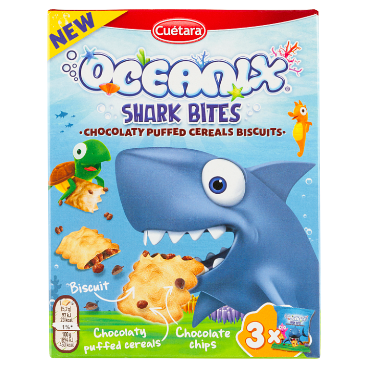 E-shop Cuétara Oceanix Shark Bites sušenky s čokoládovými lupínky a čokoládovými burizony 150g