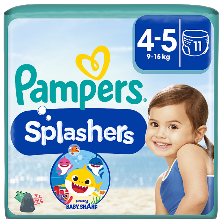 Pampers Splashers Baby Shark 4, 11 Jednorázové Plenkové Kalhotky do Vody, 9kg - 15kg