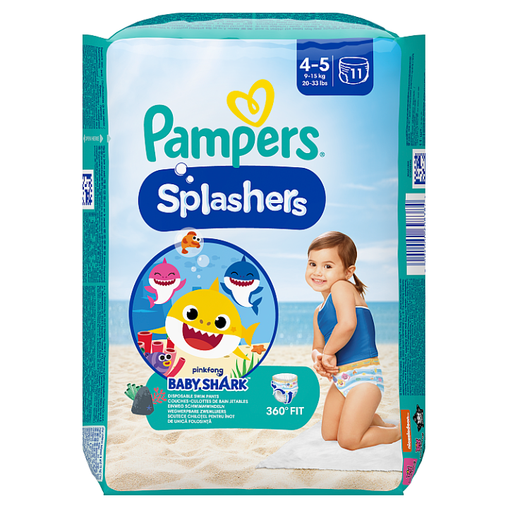 Pampers Splashers Baby Shark 4, 11 Jednorázové Plenkové Kalhotky do Vody, 9kg - 15kg