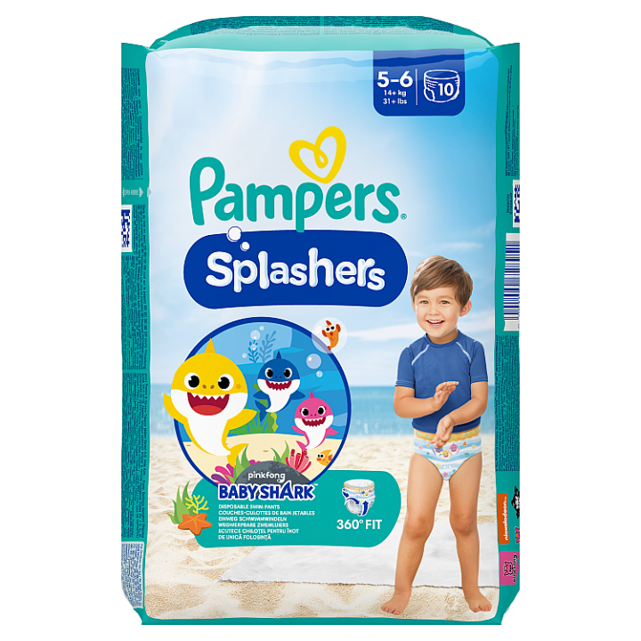E-shop Pampers Splashers Baby Shark 5, 10 Jednorázové Plenkové Kalhotky do Vody, 14kg+