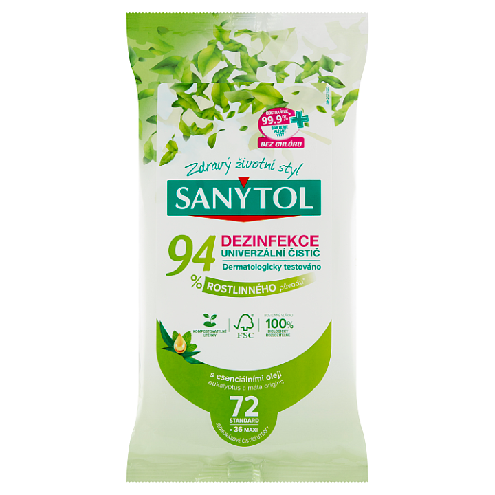 E-shop Sanytol Dezinfekce univerzální čistič jednorázové čistící utěrky eukalyptus a máta origins 36 ks
