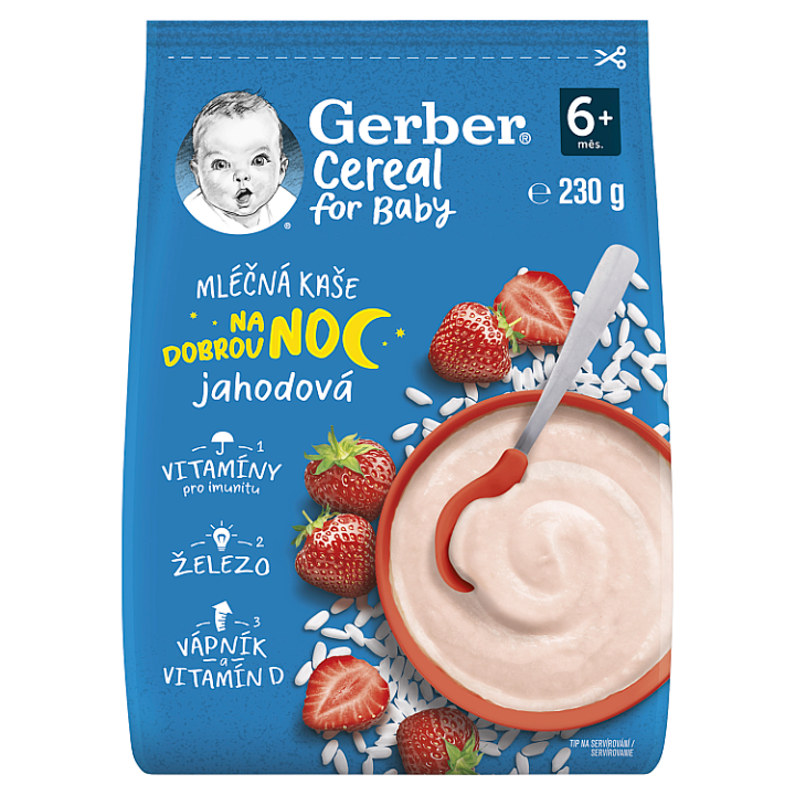 E-shop GERBER Cereal mléčná kaše jahodová Dobrou noc 230g