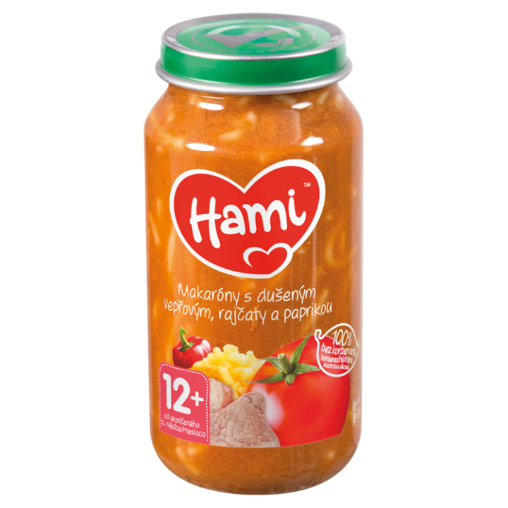 E-shop Hami masozeleninový příkrm Makaróny s dušeným vepřovým, rajčaty a paprikou od uk. 12. měsíce 250g