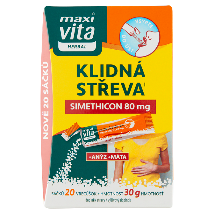 E-shop Maxi Vita Herbal Klidná střeva simethicon 80 mg + anýz + máta 20 sáčků 30g