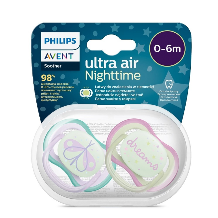 E-shop Philips AVENT Šidítko Ultra air noční 0-6m dívka, 2ks