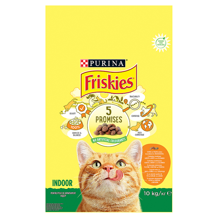 E-shop Friskies® Indoor pro kočky žijící v bytě s lahodnou kombinací kuřete a krůty a se zeleninou 10kg