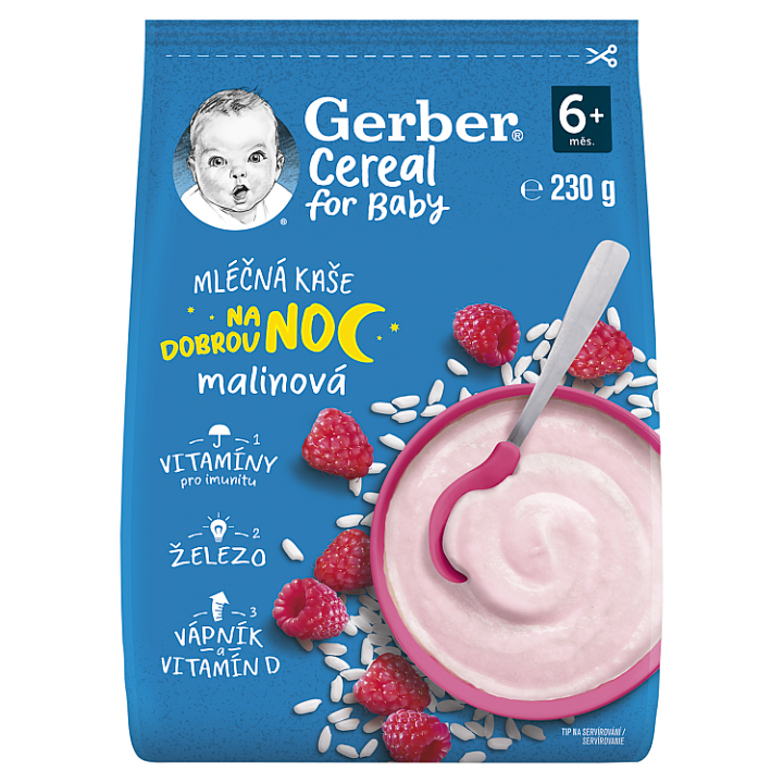 GERBER Kaše mléčná cereal malinová Dobrou noc 230 g