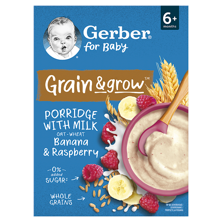 GERBER Kaše mléčná pšenično-ovesná banán a malina 200 g, 6+