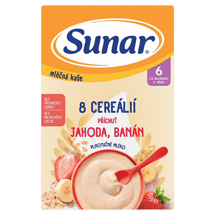 Sunar Mléčná kaše 8 cereálií jahoda/banán 6m+ 210g