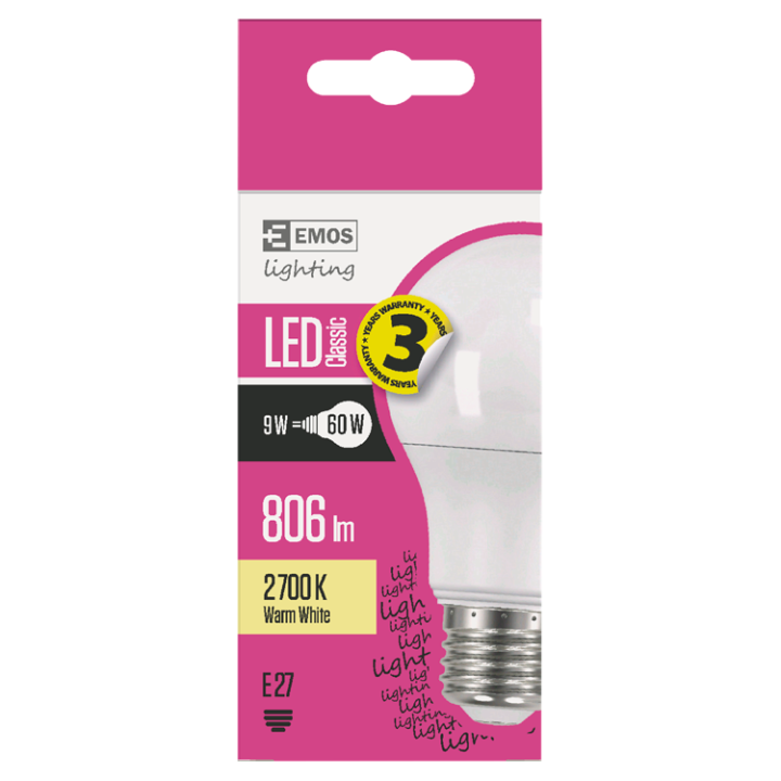 E-shop Emos Lighting LED žárovka Classic A60 9W(60W) 806lm E27 teplá bílá 1 ks
