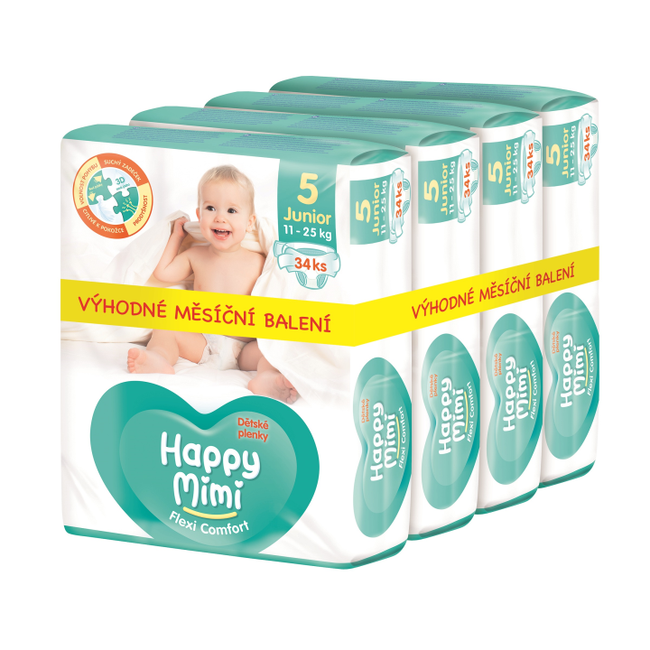 E-shop Happy Mimi Flexi Comfort dětské plenky 5 Junior 136 ks - měsíční balení