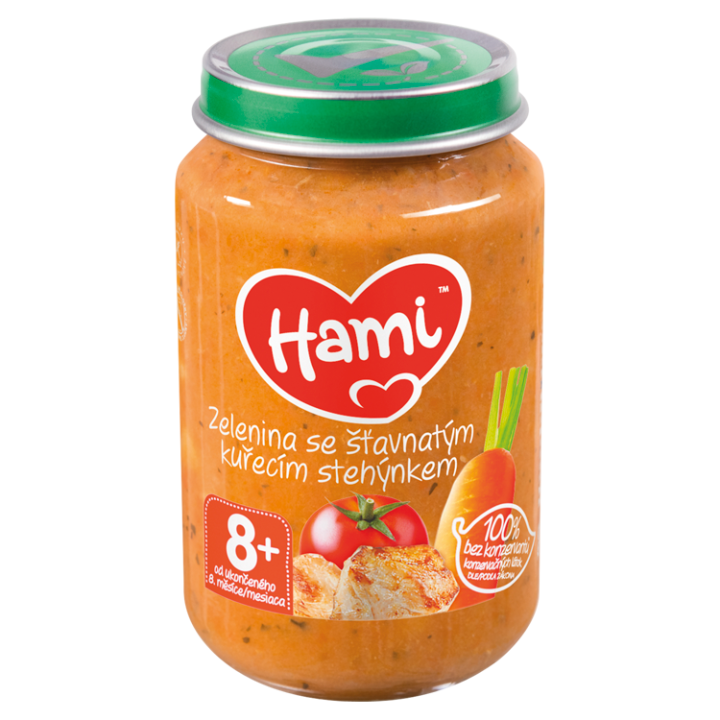 E-shop Hami Zelenina se šťavnatým kuřecím stehýnkem masozeleninový příkrm od ukončeného 8. měsíce 200g