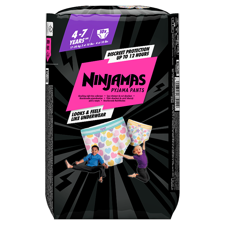 E-shop Ninjamas Pyjama Pants Srdíčka, 10 Plenkové Kalhotky, 7 Let, 17kg-30kg