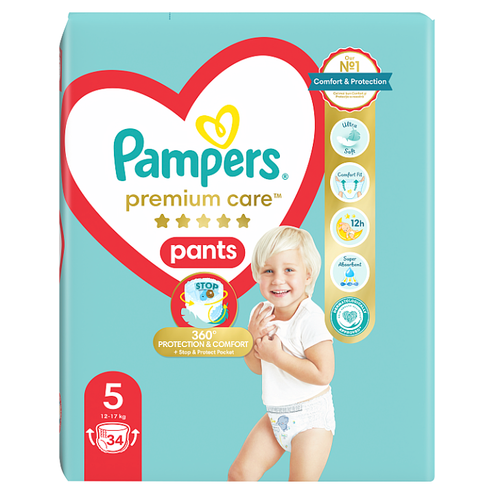 Pampers Premium Care Pants Junior Size 5 jednorázové plenkové kalhotky 12-17 kg 34 ks